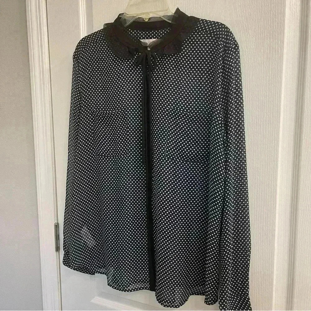 Sheer Button Down Polka Dot Blouse with Bow (Navy Blue, Black and White) - Picture 3 of 10